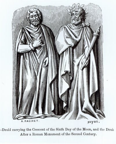 Twee druïden, een draagt de Halve Maan van de Zesde Dag van de Maan, naar een Romeins monument uit de tweede eeuw, illustratie uit Wetenschap en Literatuur in de Middeleeuwen en de Renaissance, geschreven door door Albert Charles August Racinet