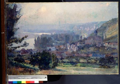 Uitzicht op Vetheuil, Zonsondergang, 1897 door Albert Charles Lebourg