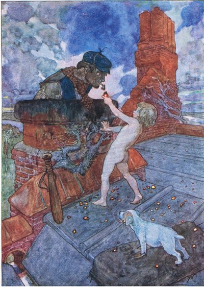 Hij pakte een gloeiende kool en legde die op Grimes taart, uit The Water Babies uitgegeven door Humphrey Milford Oxford University Press, ca. 1930 door Albert Edward Jackson
