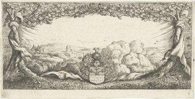 Cartouche met landschap door Albert Flamen