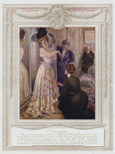 Belle Epoque Parijs, Modieuze dame die een jurk past (kleur litho) door Albert Guillaume