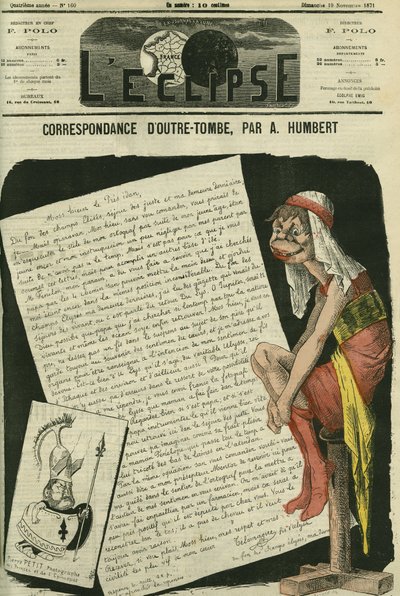 Correspondentie vanuit het graf, Telemachus zoon van Odysseus schrijft aan de president van de republiek. Tekening ter vervanging van een cartoon van Gill gecensureerd. Omslag in 