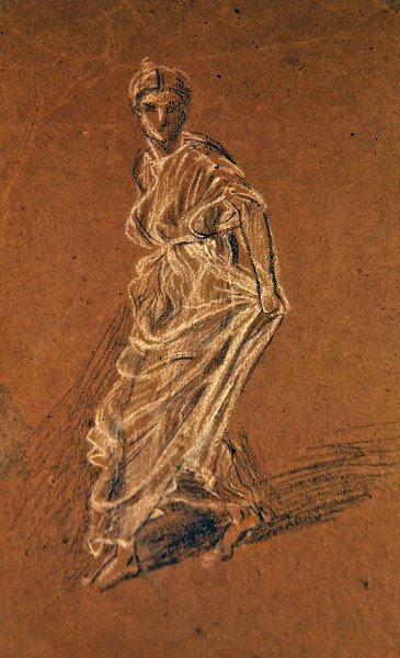Studie van een meisje dat naar voren stapt en een lange jurk draagt, c.1870 door Albert Joseph Moore