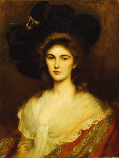 Portret van een elegante dame met een zwarte hoed door Albert Lynch