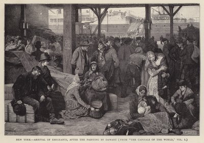 New York - Aankomst van emigranten (litho) door Albert Pierre Dawant