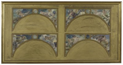 Schets voor de Salon des Lettres in het stadhuis van Parijs: de grote literaire werken (La Chanson de Roland, Le Misanthrope, Eviradnus, Mimi Pinson, Le Cid, Phèdre, Pantagruel, La Cigale), circa 1890 door Albert Pierre Rene Maignan