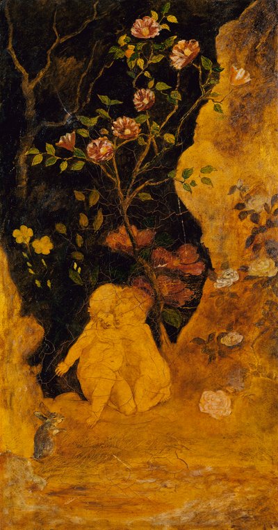 Paneel voor een scherm: Kinderen geschrokken van een konijn door Albert Pinkham Ryder