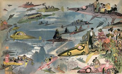 Anticipatie: de release van de Parijse Opera in 2000, gezien door de ontwerper Albert Robida in 1900. Parijzenaars circuleren door allerlei luchtvoertuigen. door Albert Robida