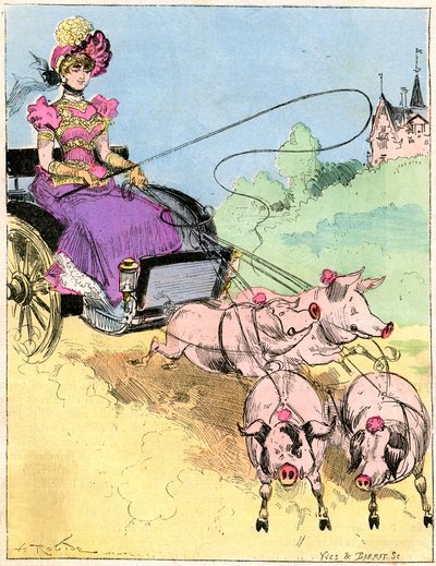 Tekening door Albert Robida (1848-1926) op de omslag van de Comique Wereld nr. 296 (begin 20e eeuw) - Nieuwe zeer elegante koets voor kleine uitstapjes op het platteland - Jonge vrouw die een varkenskar bestuurt (varkens) - door Albert Robida