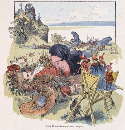 Gulliver vastgebonden door de Lilliputters - in "Gulliver