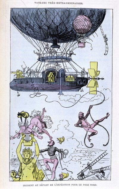 Incident bij het vertrek van de expeditie naar de Noordpool (aerostaat en gekke scènes), parodie op Jules Verne, 