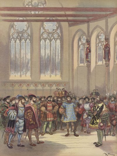 De heraut Bourgogne, gestuurd door Karel V, wordt ontvangen door Frans I in de grote zaal van het Parlement door Albert Robida