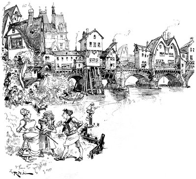 Parijs: de Seine, brug met huizen, inwoners, Parijzenaars, scènes uit het Parijse leven in de Middeleeuwen - architectuur - stedelijke habitat - rivier - illustratie door Albert Robida door Albert Robida