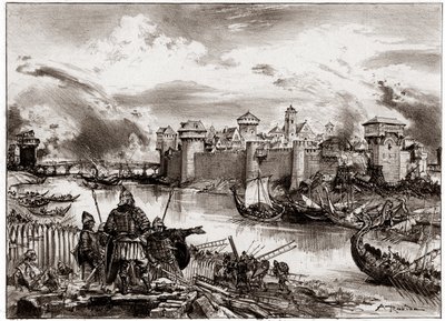 De Vikingen, Normandische piraten onder leiding van hun leider Siegfried, belegeren Parijs (gravure) door Albert Robida