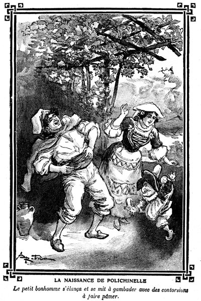 De geboorte van Polichinelle. Tekening door Albert Robida in een kinderleesboek 1920-1930 door Albert Robida