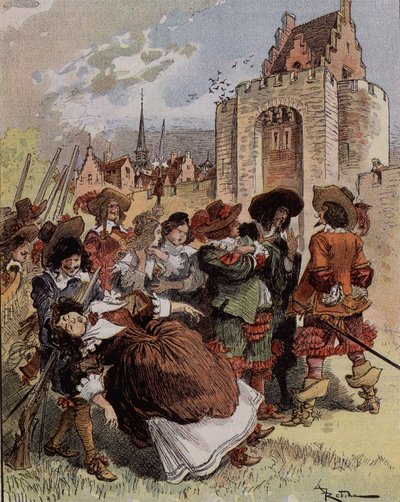 De verlegenheid van Kapitein Bellormeau - “Madame de Malicorne viel in de armen van een sergeant”. Personage uit het boek van Albert Robida. Omslag “De Kleine Fransman geïllustreerd” van 20/01/1900. door Albert Robida