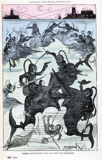 Onderwatergevecht in de baai van Papagayo (duikers die op vissen rijden), parodie op Jules Verne, 