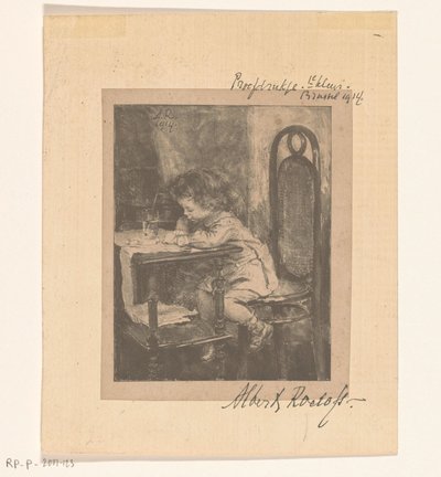 Meisje dat aan tafel zit te tekenen door Albert Roelofs (signed by artist)