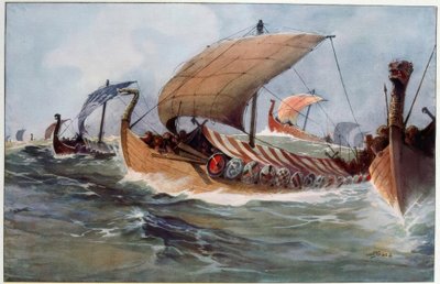 Drakkar. Vikingbeurtschepen onder zeil door Albert Sébille