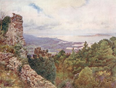 Kust bij Trapani en eiland Aigousa, scène van de Romeinse zeeslag, 242 v.Chr. door Alberto Pisa