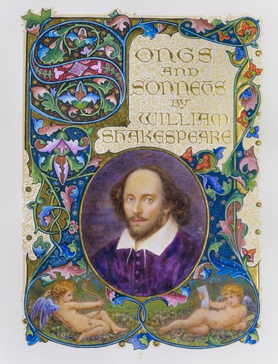 Boekfrontispice met fijn gekleurd portret van William Shakespeare door kunstenaar Alberto Sangorski door Alberto Sangorski