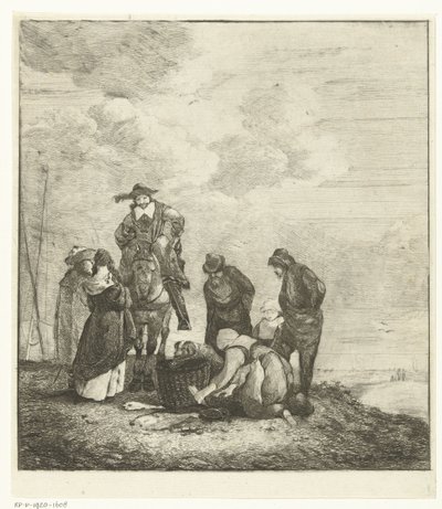 Visverkoopster met klanten bij het strand door Albertus Brondgeest