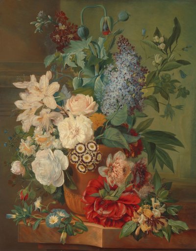 Bloemen in een terracotta vaas door Albertus Jonas Brandt