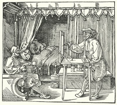 Methode om een schaalbeeld te maken door de omtrekken van het object op een glasplaat te markeren door Albrecht (after) Durer or Duerer