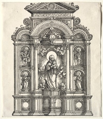 Groot altaar met de Maagd, in een rand met heiligen Christoffel, George, Barbara, Catharina door Albrecht Altdorfer