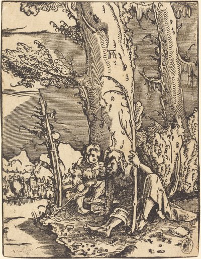 Sint Christoffel Zittend bij een Rivieroever door Albrecht Altdorfer