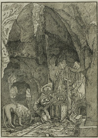 Hiëronymus in boetedoening, in een grot door Albrecht Altdorfer