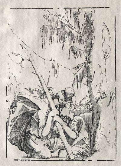 Sint Christoffel steekt het water over met Christus op zijn schouders door Albrecht Altdorfer