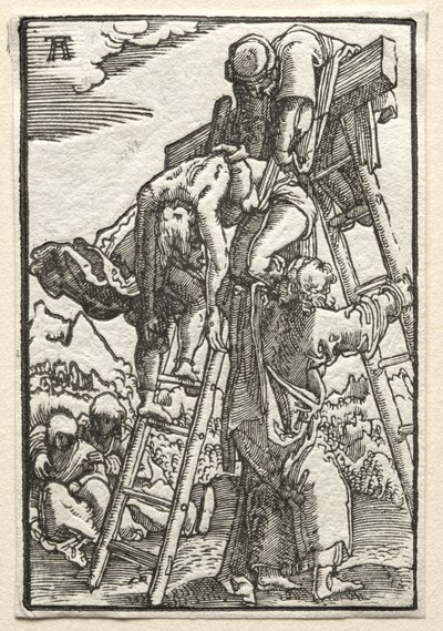 De Val en Verlossing van de Mens: Afdaling van het Kruis door Albrecht Altdorfer