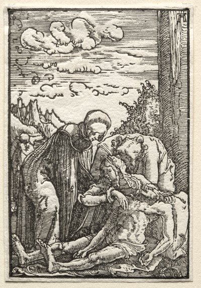 De val en verlossing van de mens: De klaagzang onder het kruis door Albrecht Altdorfer