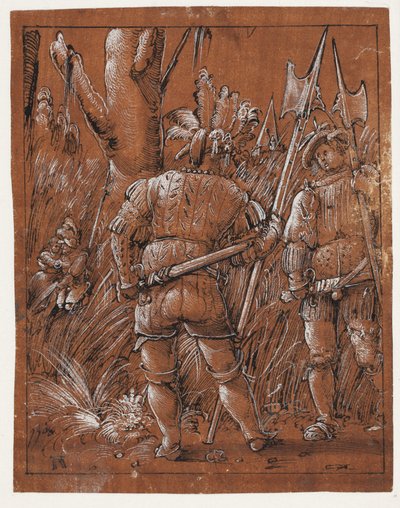 Twee lansquenets kijken naar een paar geliefden door Albrecht Altdorfer