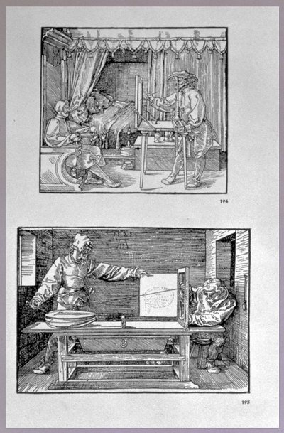 Apparaat voor het vertalen van driedimensionale objecten naar tweedimensionale tekeningen, twee scènes uit het eerste technische boek van de kunstenaar Inleiding in de Kunst van het Meten met Kompas en Liniaal door Albrecht Dürer