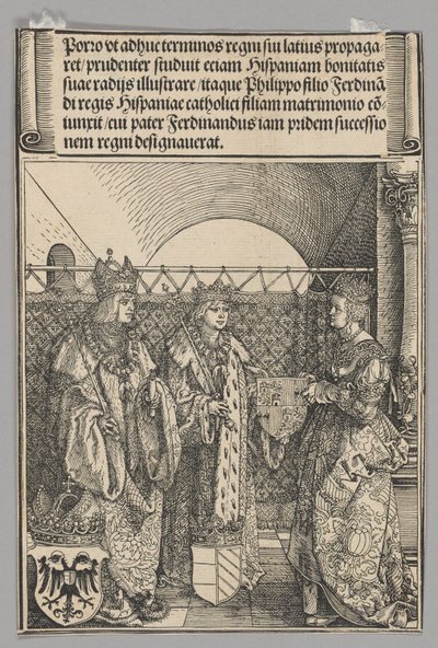 Verloving van Philipp met Johanna, plaat 15 uit Historische Scènes uit het Leven van Keizer Maximiliaan I van de Triomfboog door Albrecht Dürer