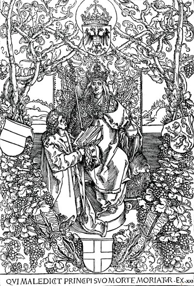 Conrad Celtes presenteert zijn boek Quatuor Libri Amorum aan Maximiliaan I, 1502 door Albrecht Dürer