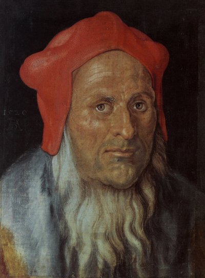 Duits: Portret van een bebaarde man met een rode muts Portret van een man door Albrecht Dürer