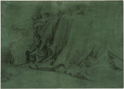 Draperiestudie van een vrouw zittend op een stenen bank door Albrecht Dürer