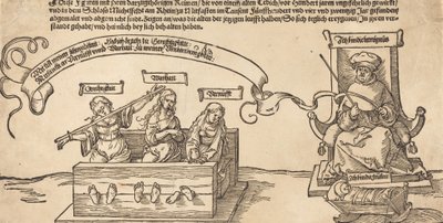 Gerechtigheid, Waarheid en Rede in de Stocks met de Zittende Rechter en Slapende Vroomheid door Albrecht Dürer