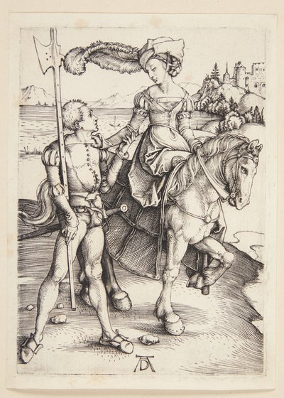Dame te paard en lansquenet door Albrecht Dürer