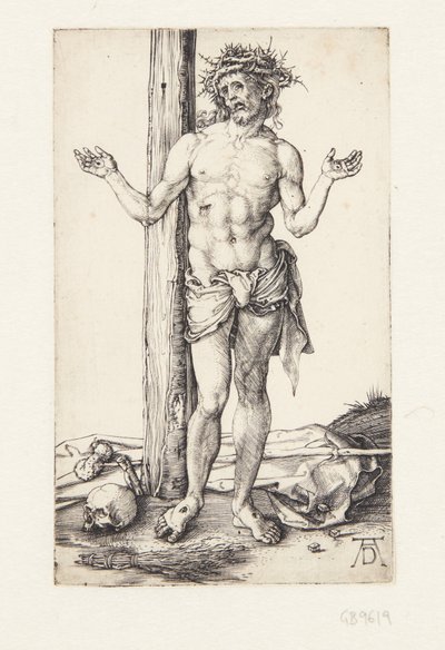 Man van smarten met opgeheven handen door Albrecht Dürer