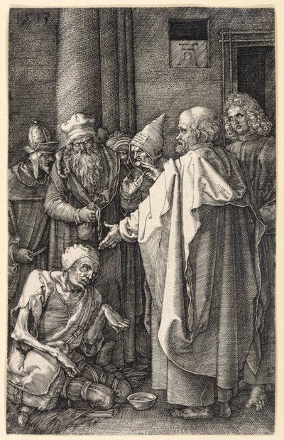 Petrus en Johannes genezen een lamme bedelaar in de tempel (Gegraveerde Passie) door Albrecht Dürer