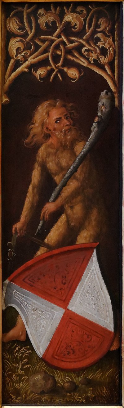 Portret van Oswolt Krel: „Woudmannen“ met heraldische schilden van Agathe von Esendorf door Albrecht Dürer
