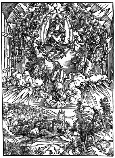 Scène uit de Apocalyps, St. Johannes voor God de Vader en de Vierentwintig Oudsten, 1498 door Albrecht Dürer