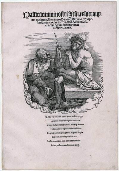 De Man van Smarten en de Landsknecht, blad 1 [titelblad] van de reeks „De Grote Passie“ door Albrecht Dürer