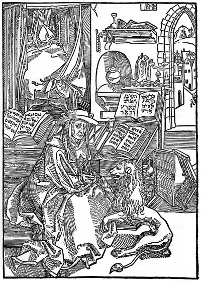 St. Jerome in zijn studeerkamer trekt een doorn uit de poot van een leeuw door Albrecht Dürer