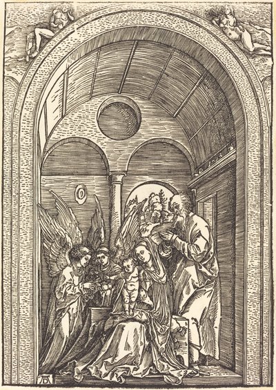De Heilige Familie met Twee Engelen in een Gewelfde Hal door Albrecht Dürer