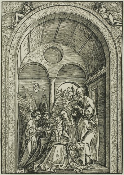 De Heilige Familie met twee engelen in een gewelfde hal door Albrecht Dürer